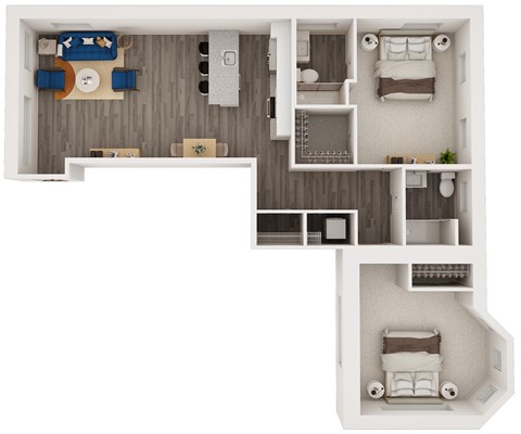 A top-down view of a small apartment with a bedroom, living room, and kitchen.